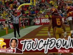 Jayden Maiava conecta con Makai Lemon para un espectacular touchdown de 12 yardas, reduciendo el déficit de USC contra Iowa